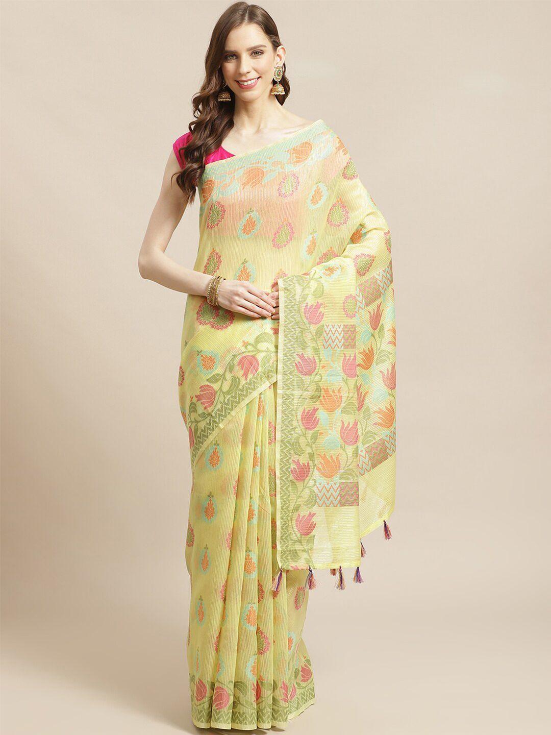 indethnic lime green & pink ethnic motifs banarasi saree