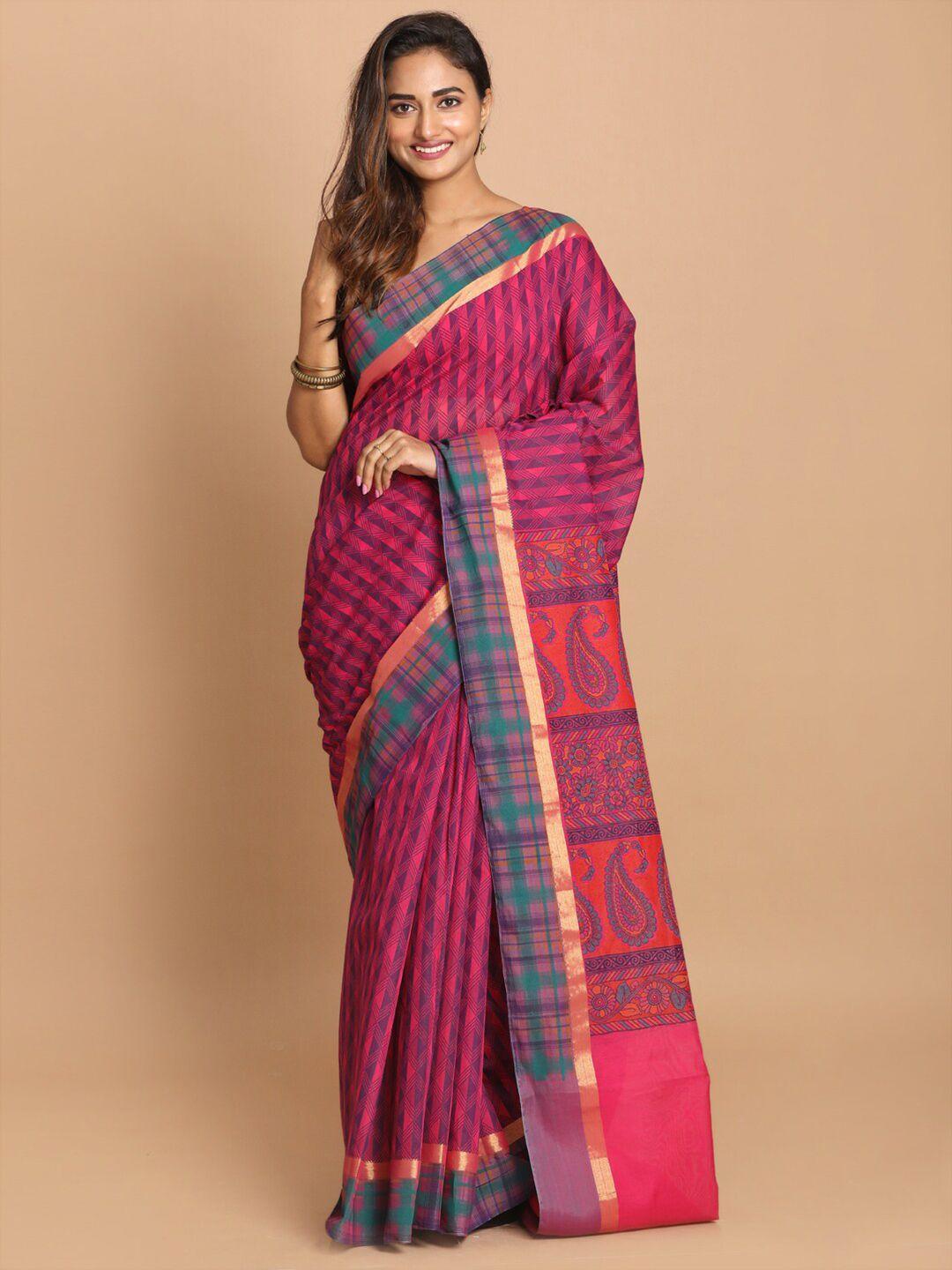 indethnic magenta & blue striped saree