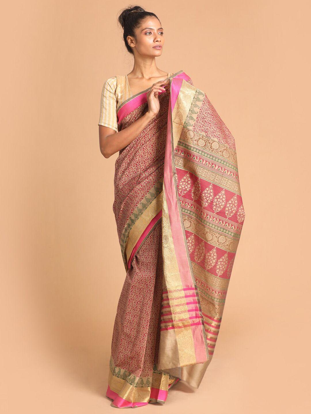 indethnic magenta & gold-toned ethnic motifs zari saree