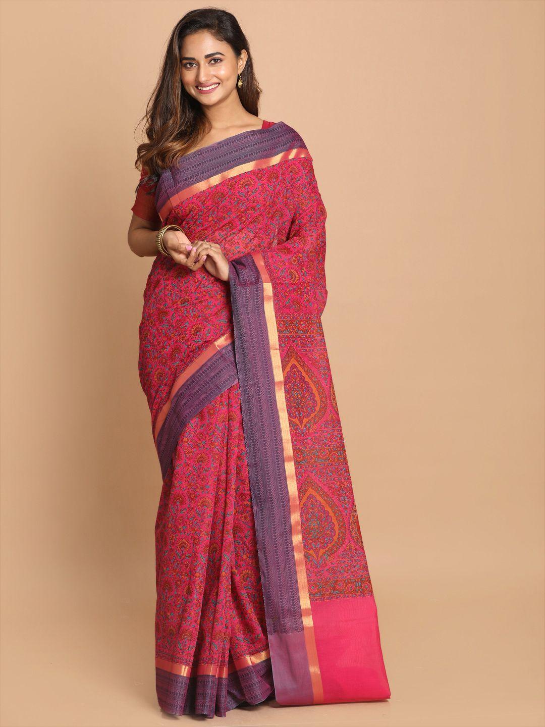 indethnic magenta & gold-toned floral printed zari border saree