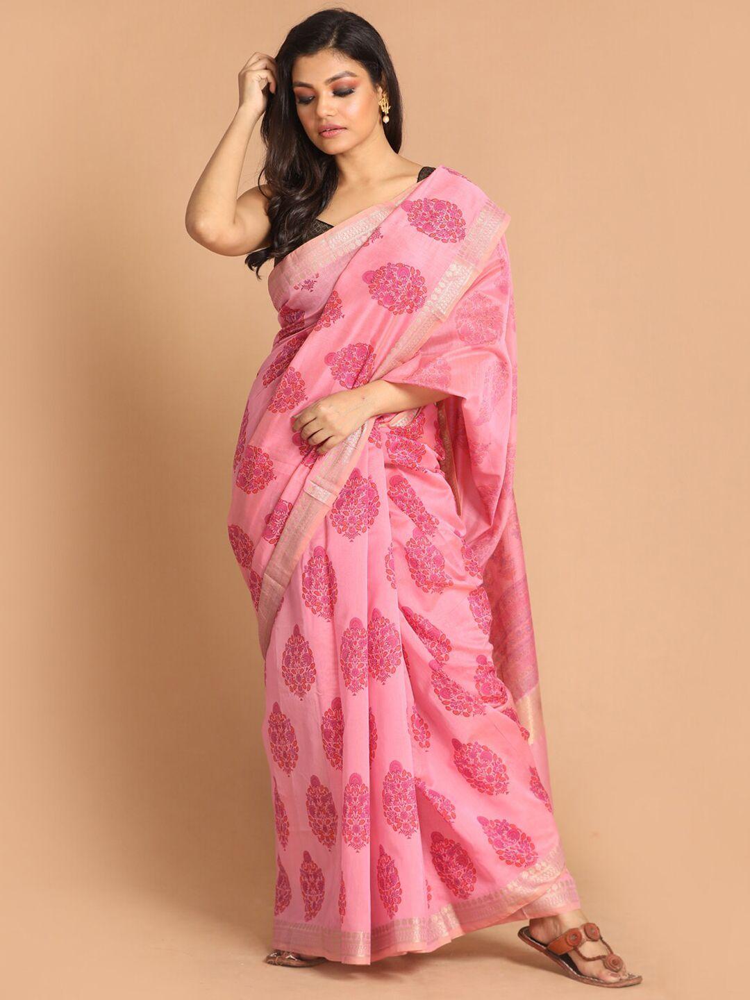 indethnic magenta & gold-toned poly cotton saree