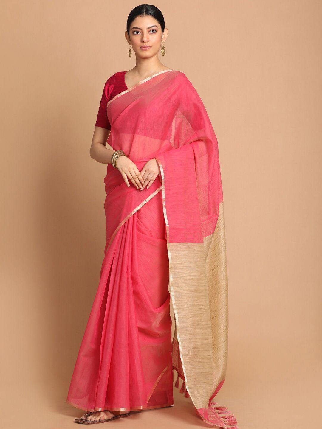 indethnic magenta & gold-toned zari banarasi saree