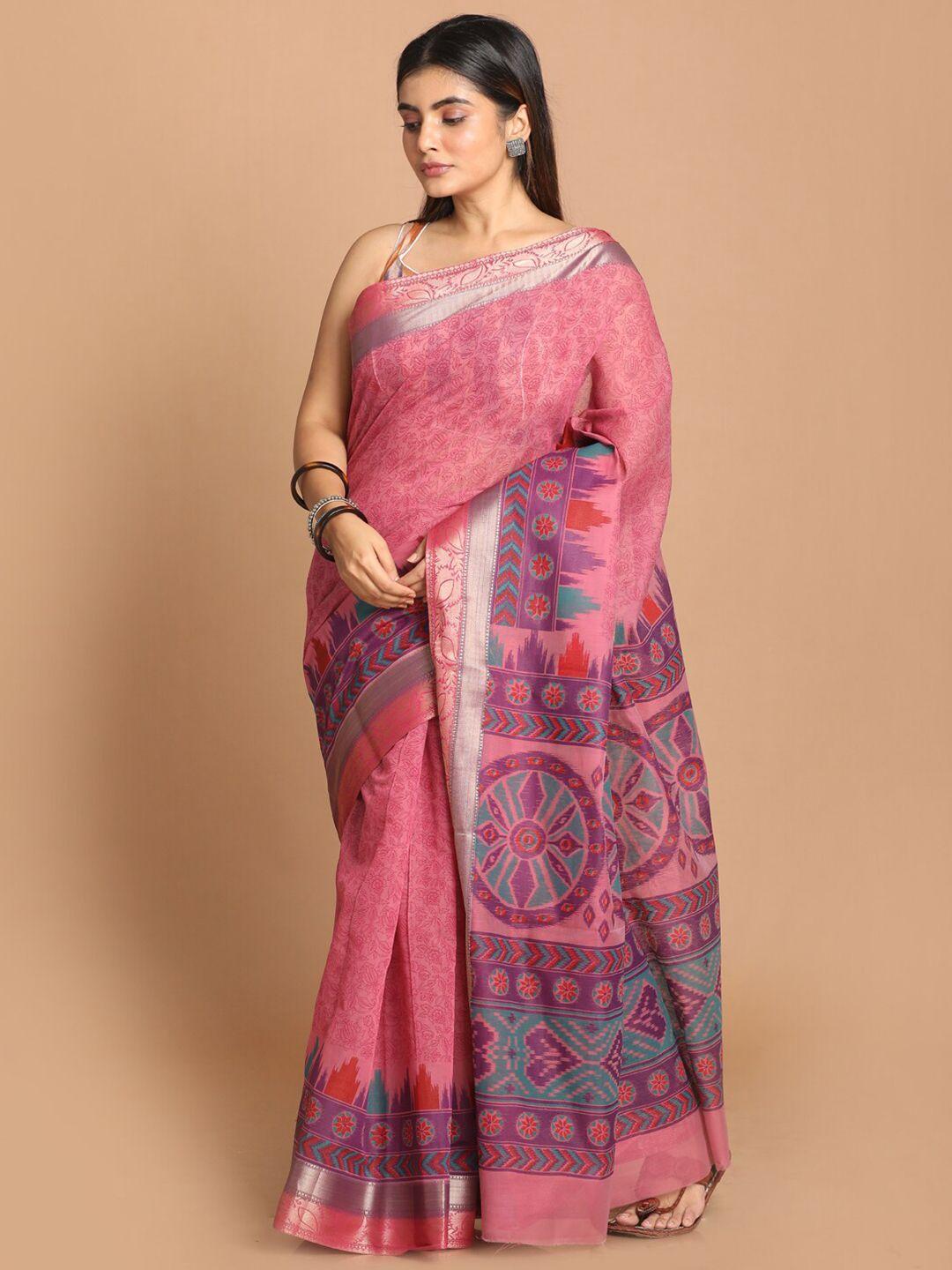 indethnic magenta & green floral printed saree