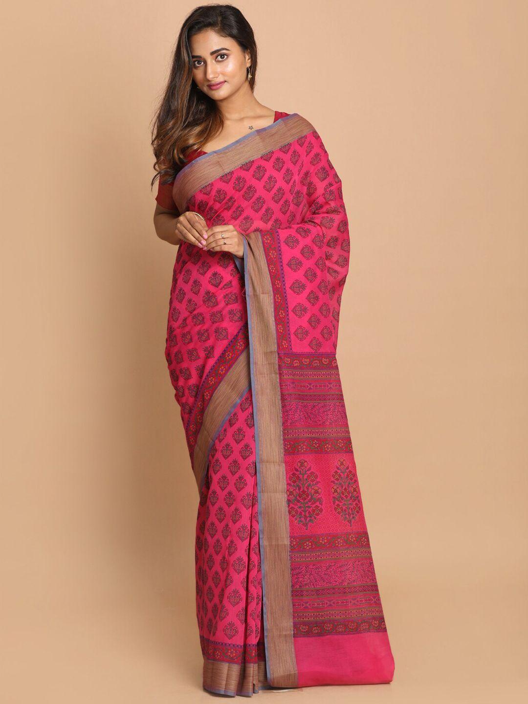 indethnic magenta & green floral saree