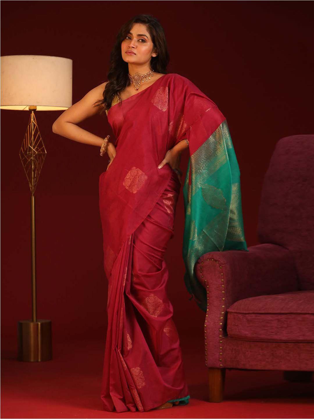 indethnic magenta & green woven design zari art silk pochampally saree