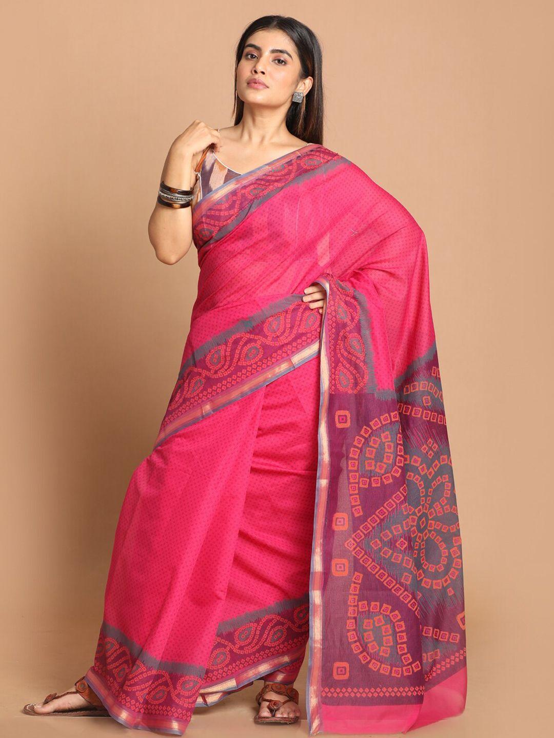 indethnic magenta & grey printed cotton blend saree