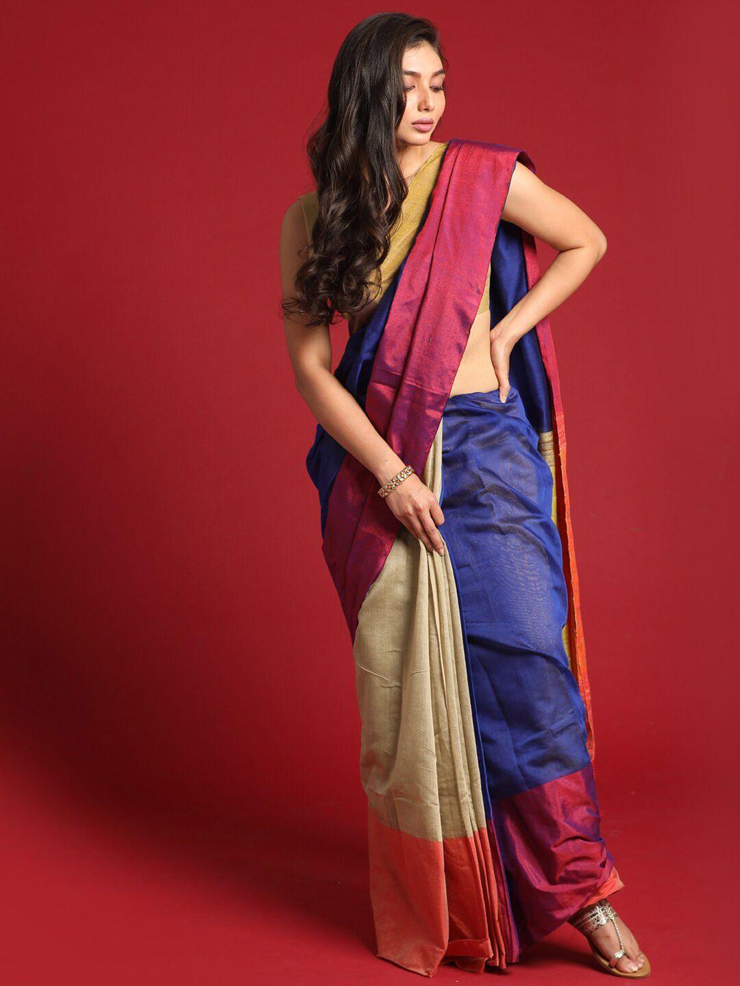 indethnic magenta & navy blue colourblocked zari half and half jamdani saree