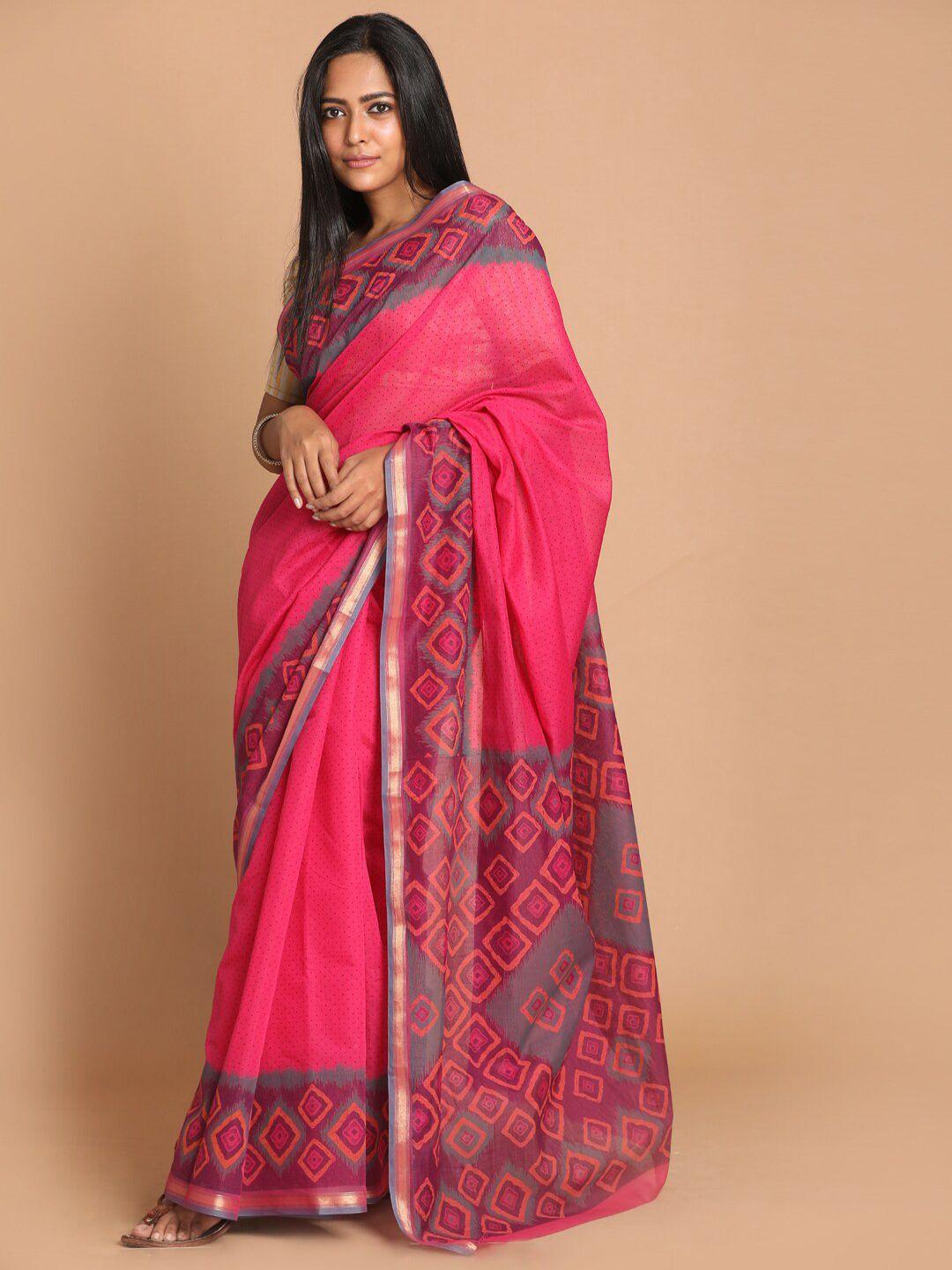 indethnic magenta & turquoise blue printed saree