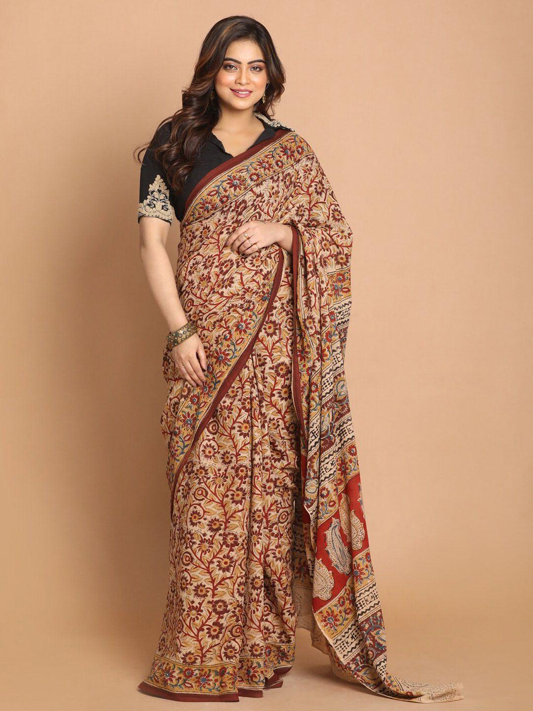 indethnic maroon & beige kalamkari pure cotton block print saree