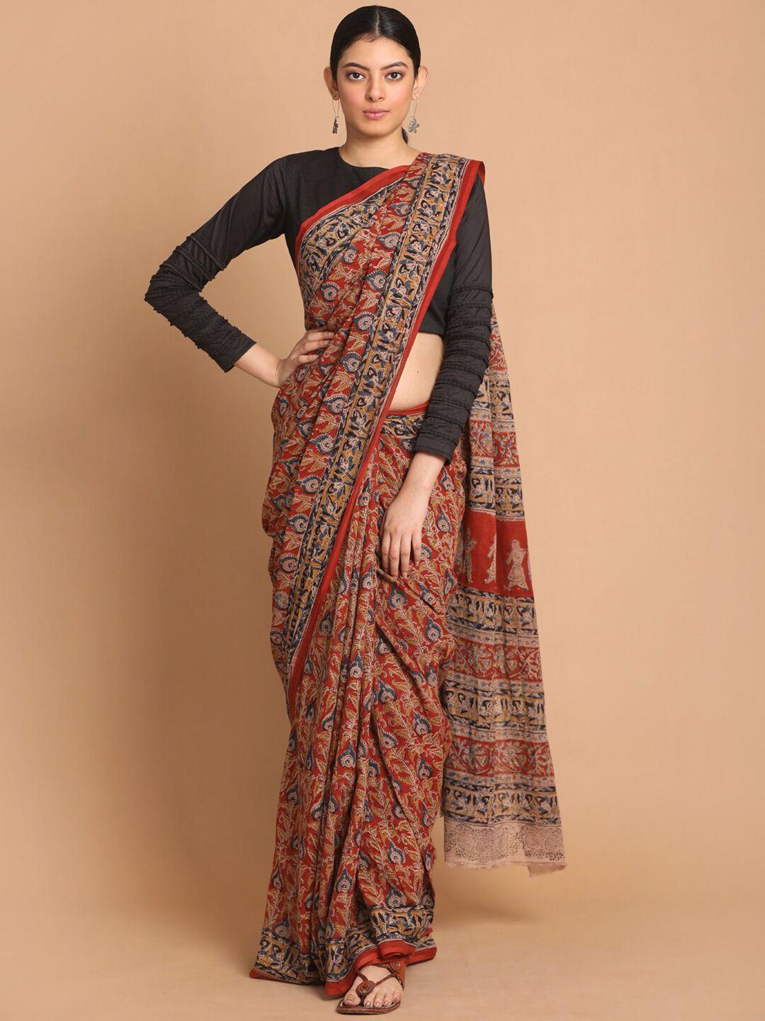 indethnic maroon & beige kalamkari pure cotton block print saree