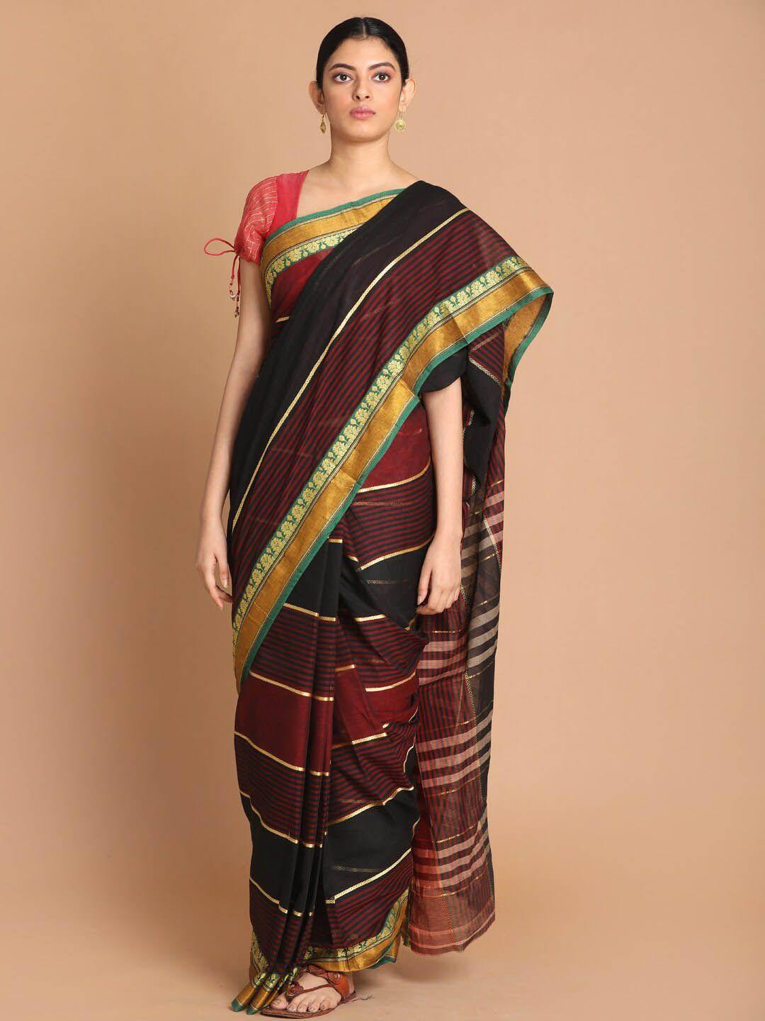 indethnic maroon & black striped zari pure cotton saree