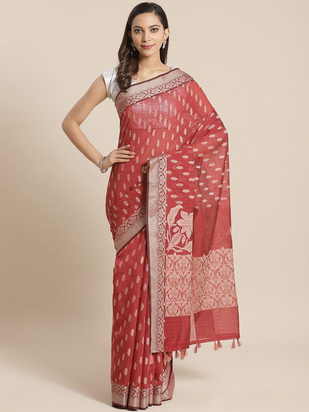 indethnic maroon & gold-toned floral zari banarasi saree