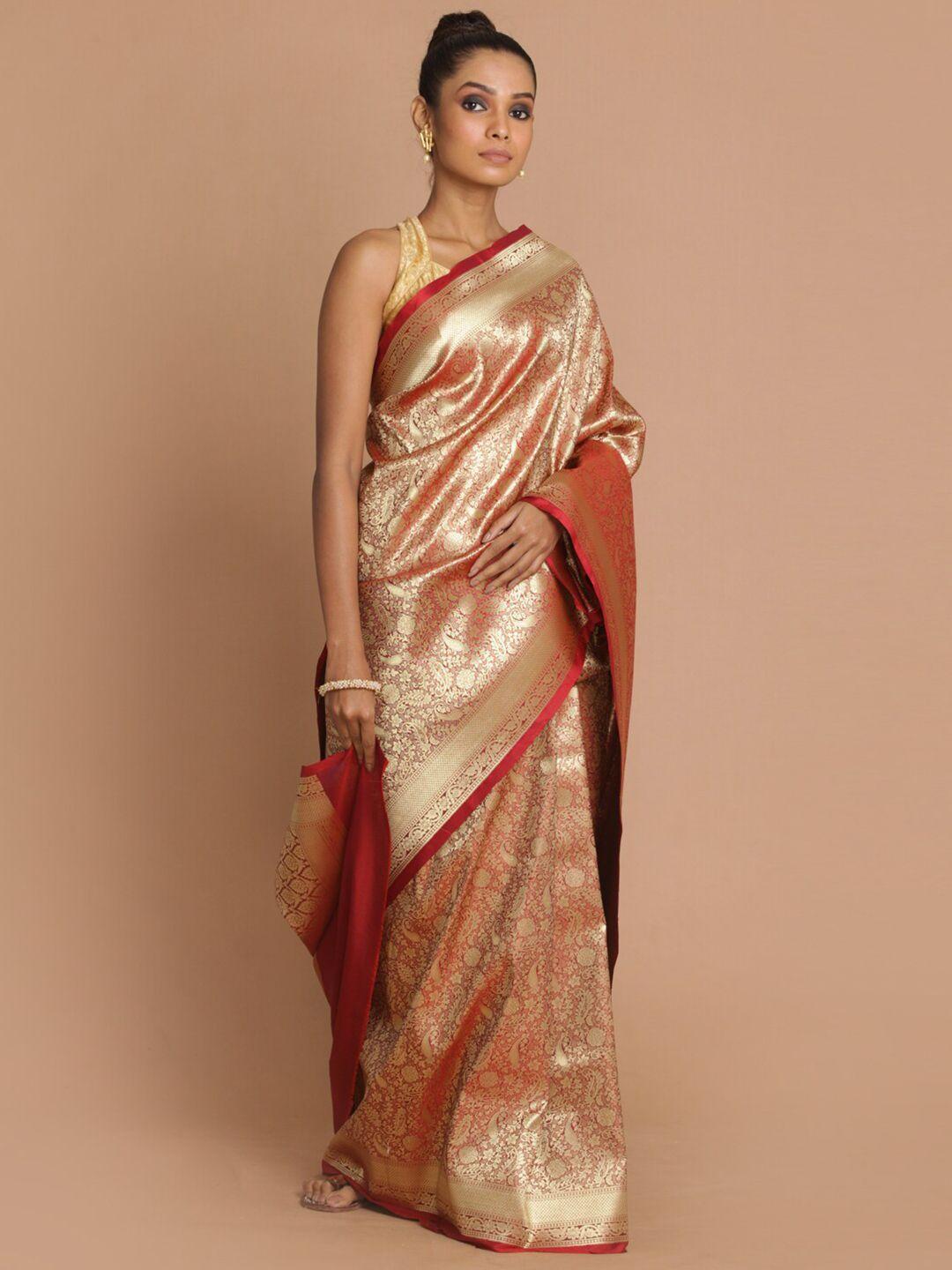 indethnic maroon & gold-toned paisley zari banarasi saree