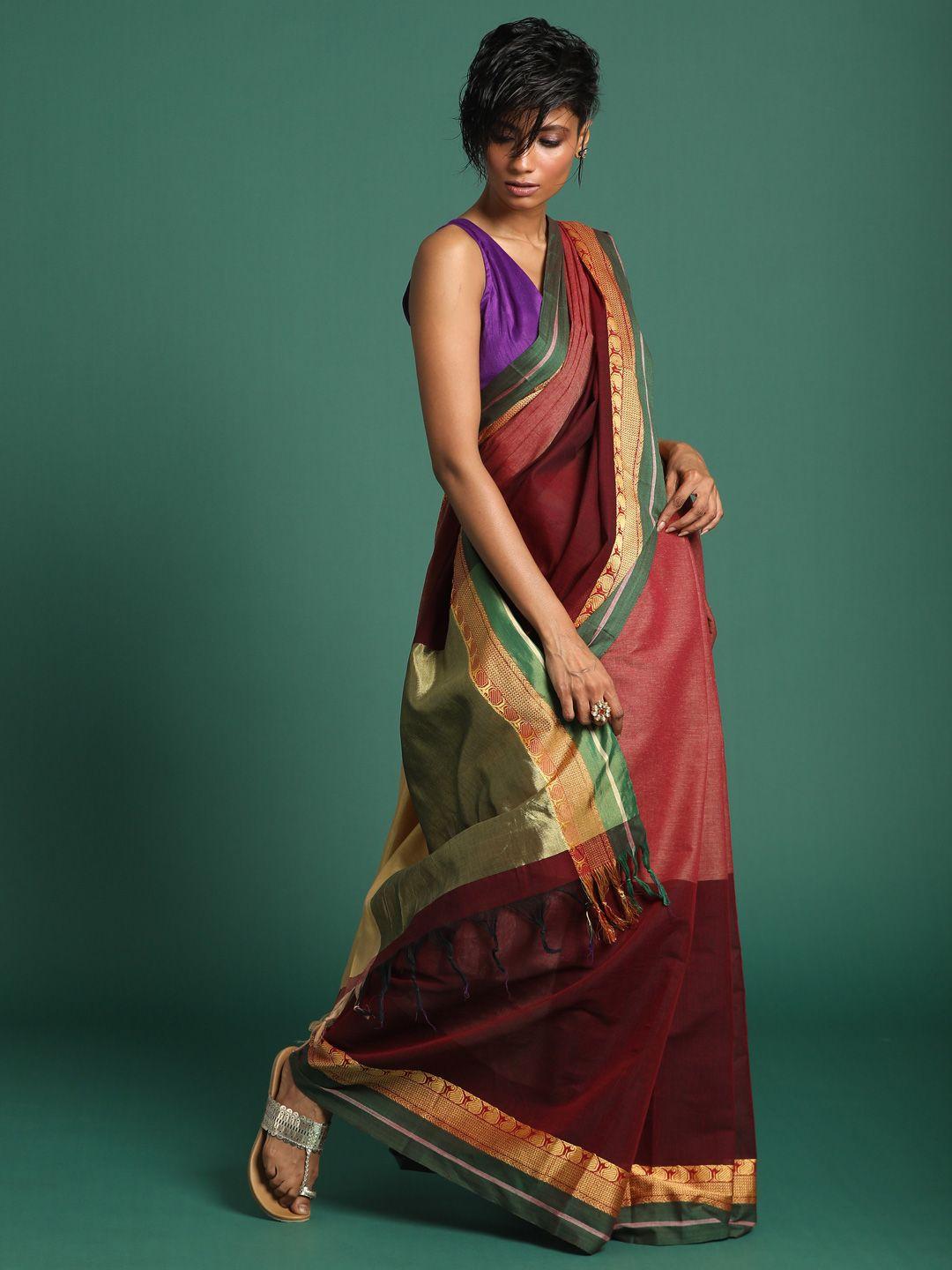 indethnic maroon & gold-toned pure cotton mangalagiri saree