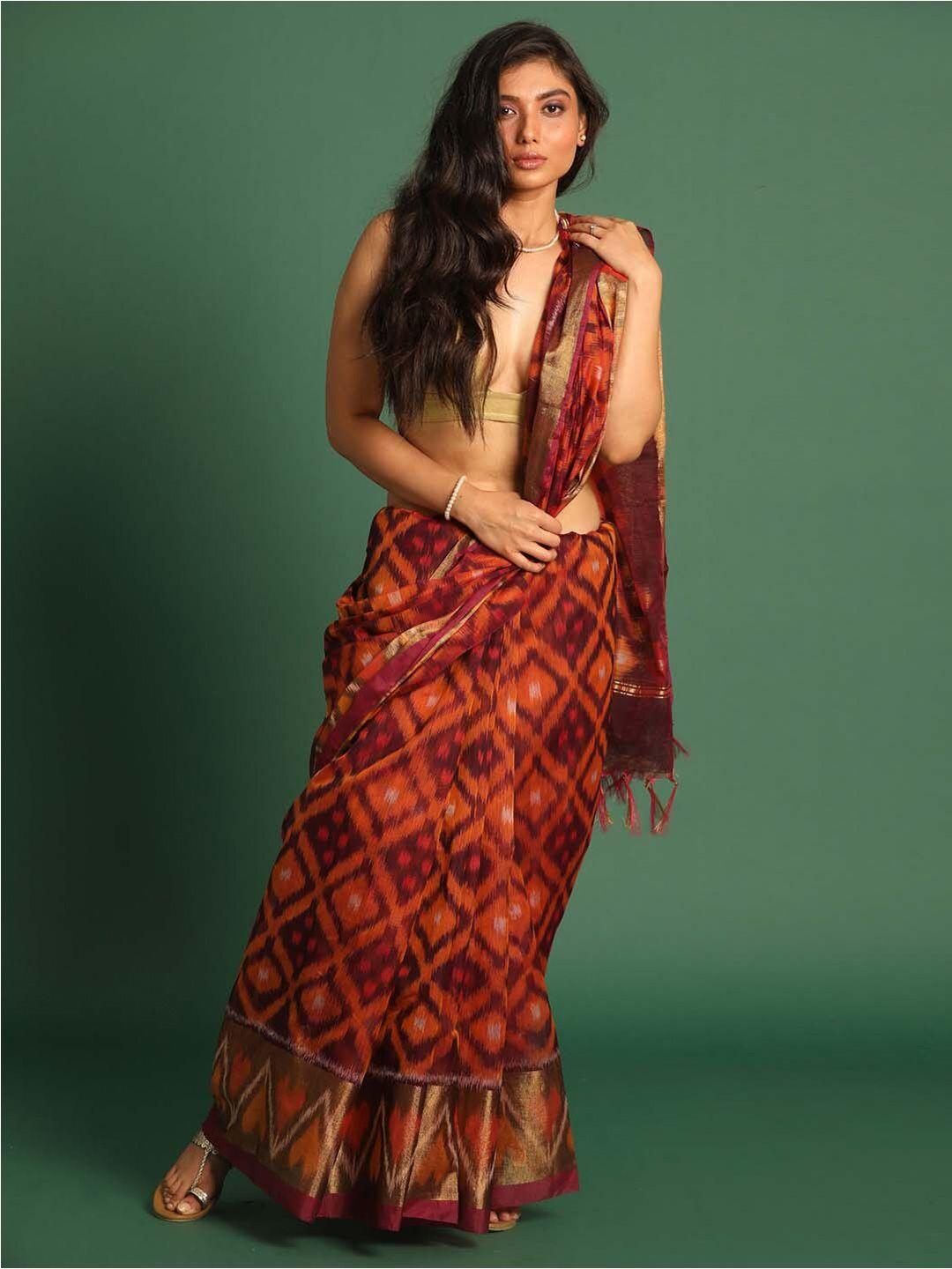 indethnic maroon & gold-toned zari art silk pochampally saree