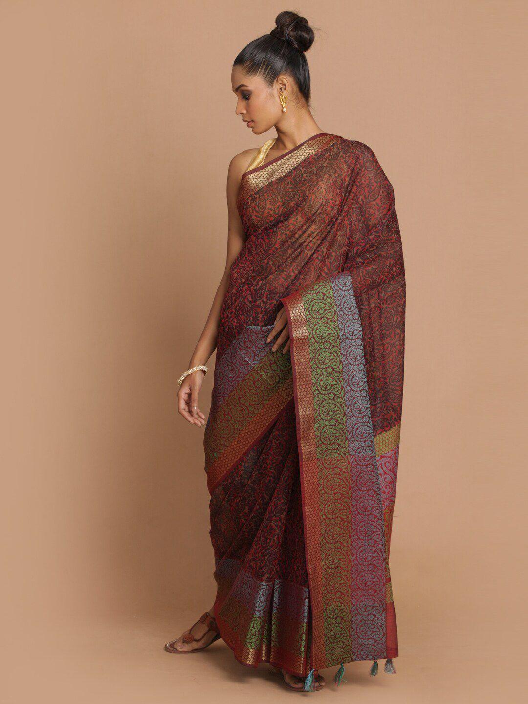 indethnic maroon & green printed zari bordersaree