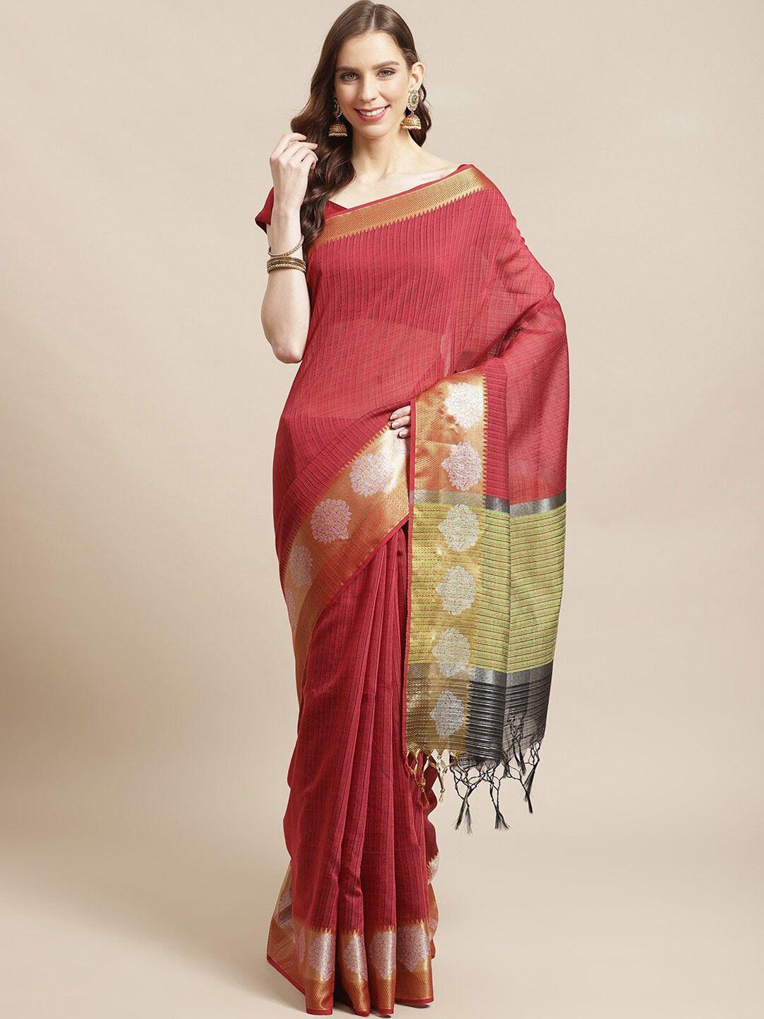 indethnic maroon & green zari banarasi saree