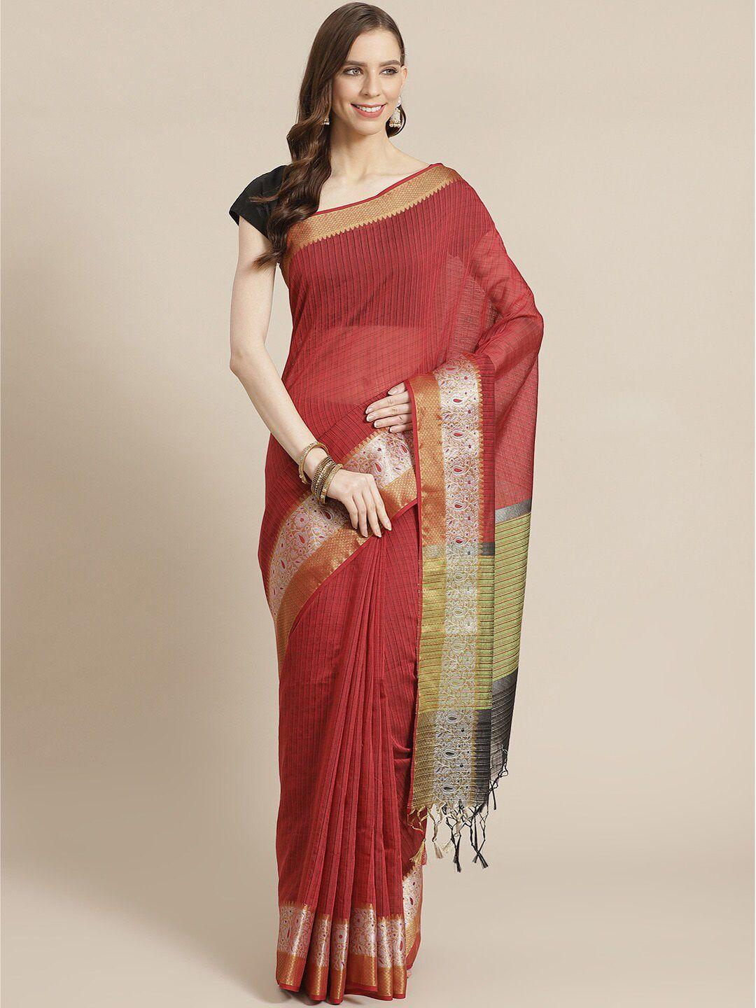 indethnic maroon & grey striped banarasi saree