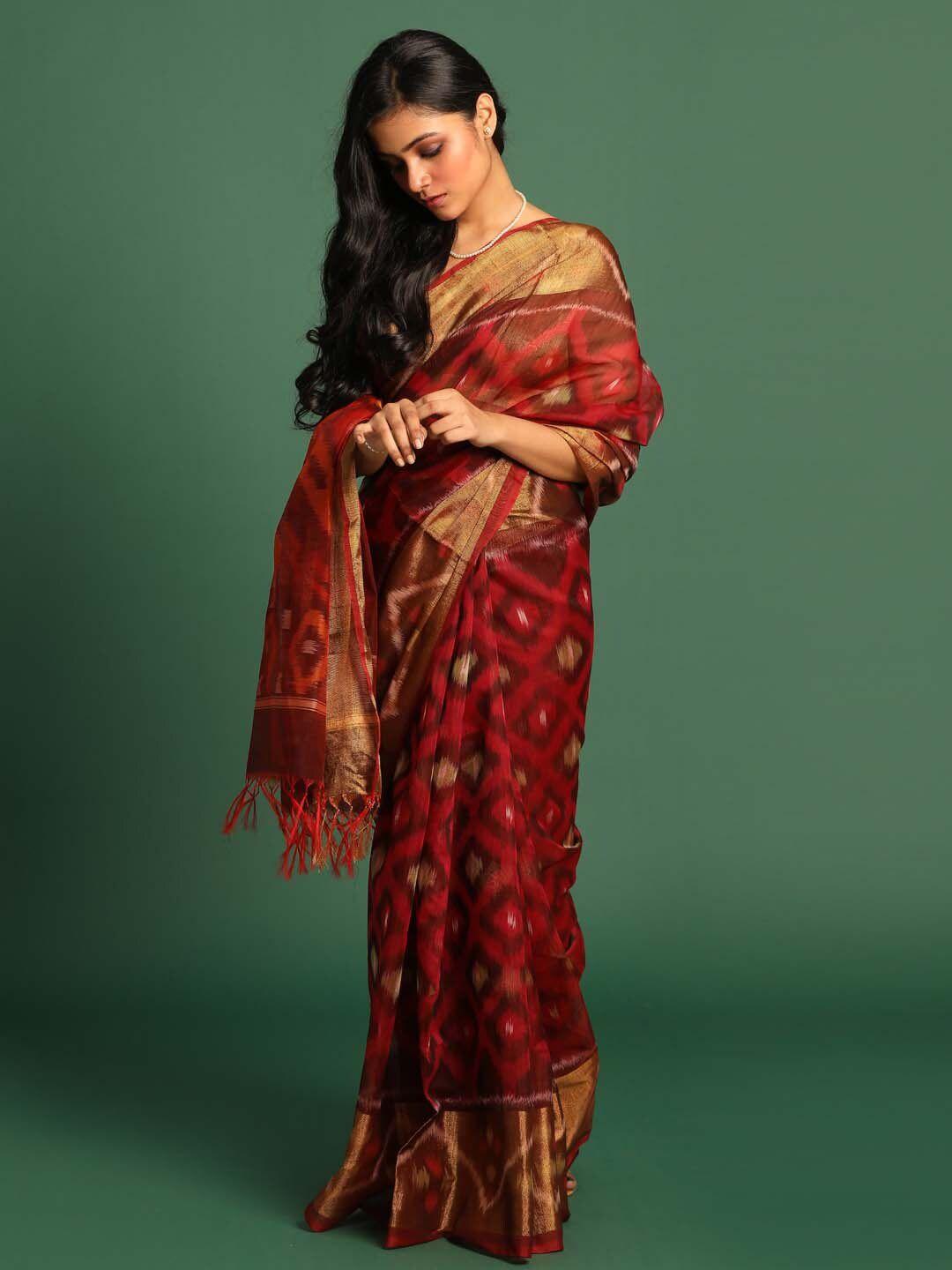 indethnic maroon & grey zari art silk pochampally saree