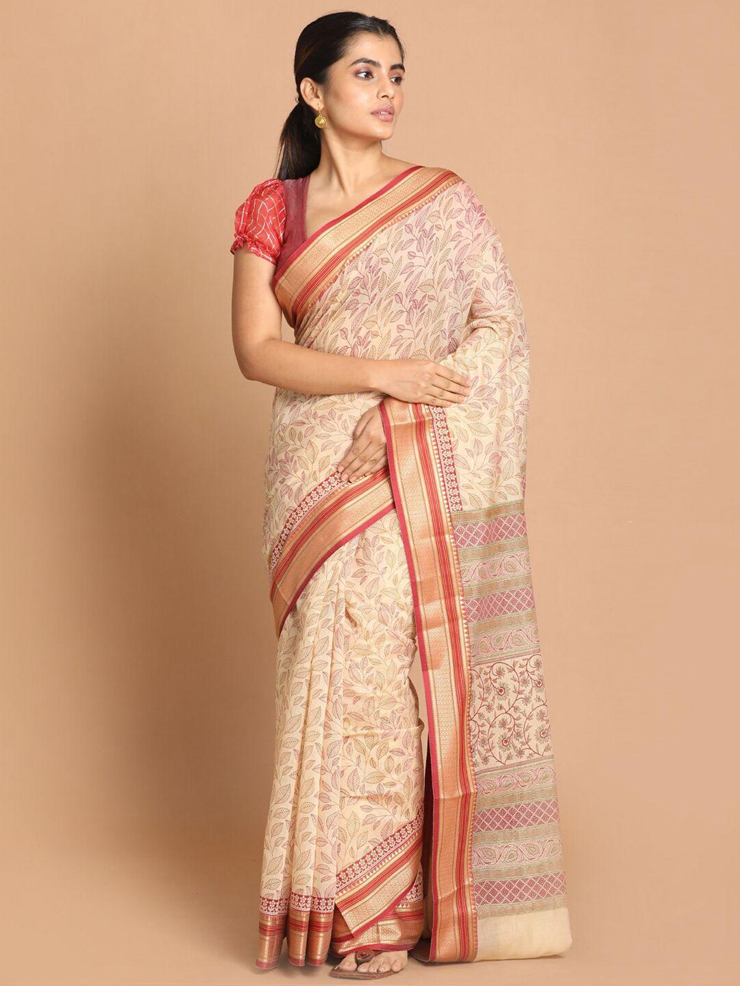 indethnic maroon & off white floral zari pure cotton saree