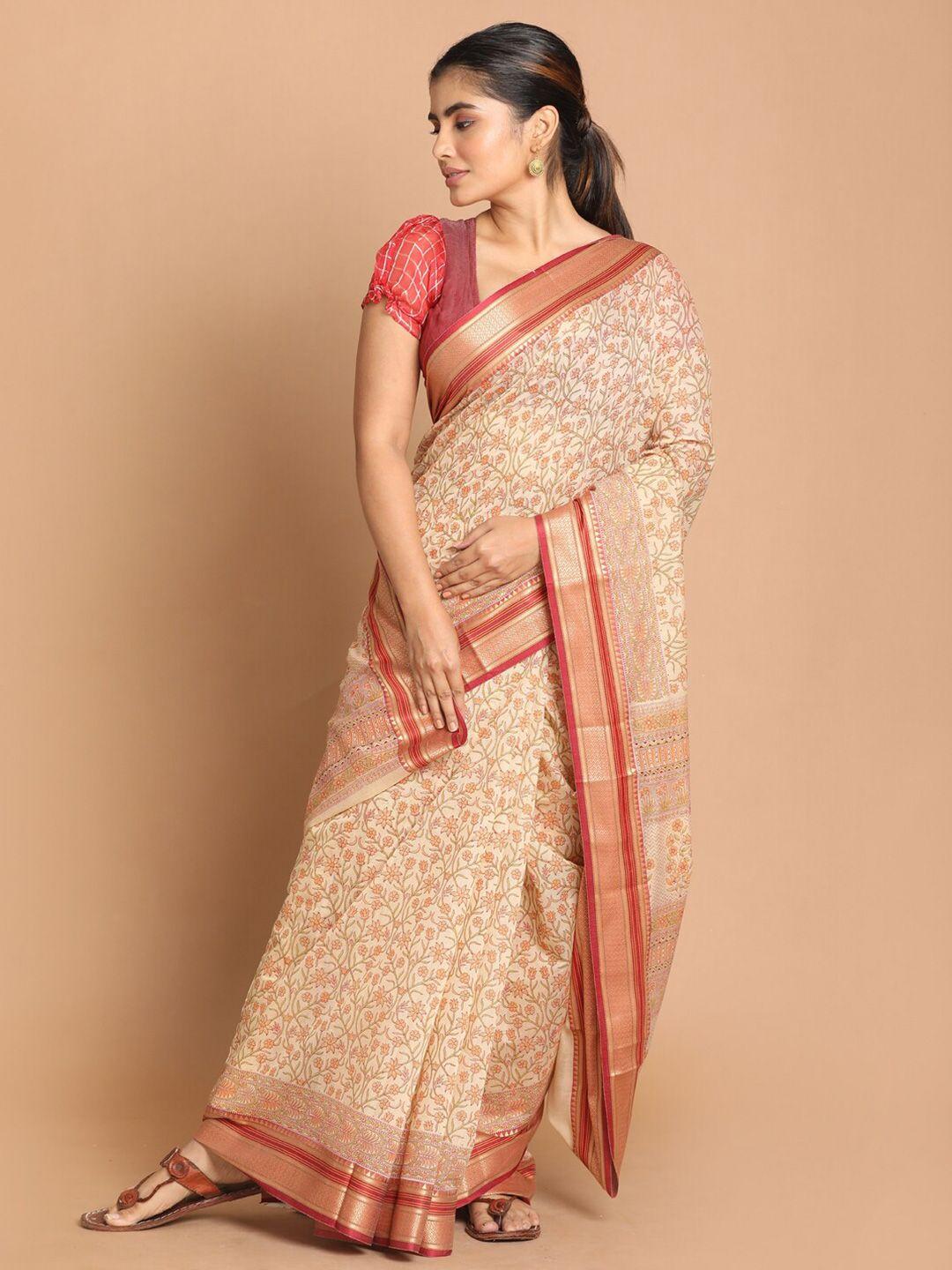 indethnic maroon & orange floral printed zari saree