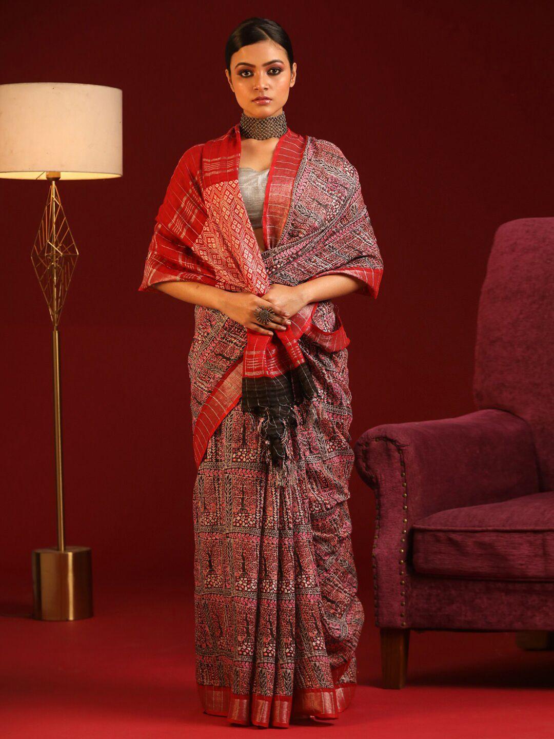 indethnic maroon & peach-coloured printed zari bhagalpuri saree