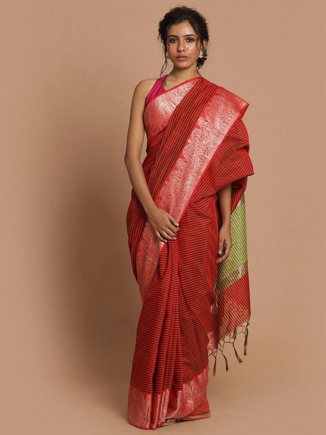 indethnic maroon & pink striped zari banarasi saree