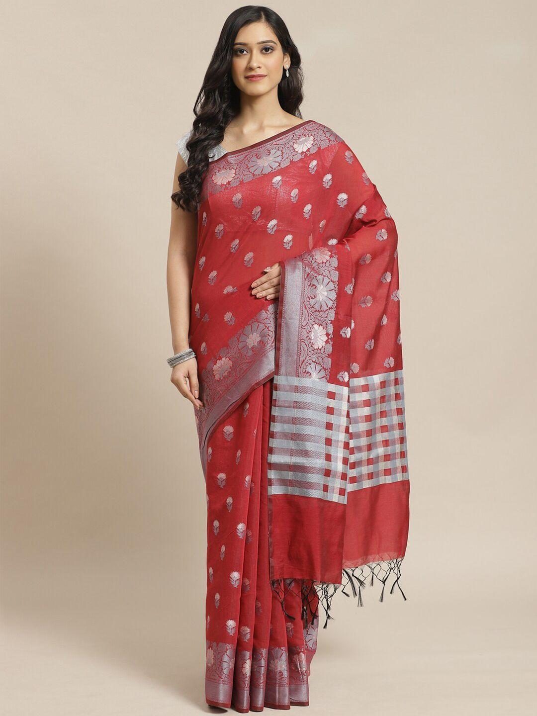 indethnic maroon & silver-toned ethnic motifs banarasi saree