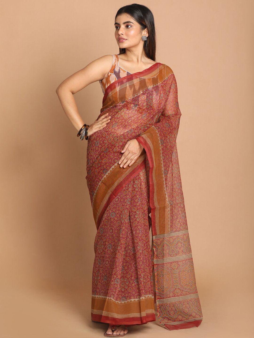 indethnic maroon & tan floral printed saree