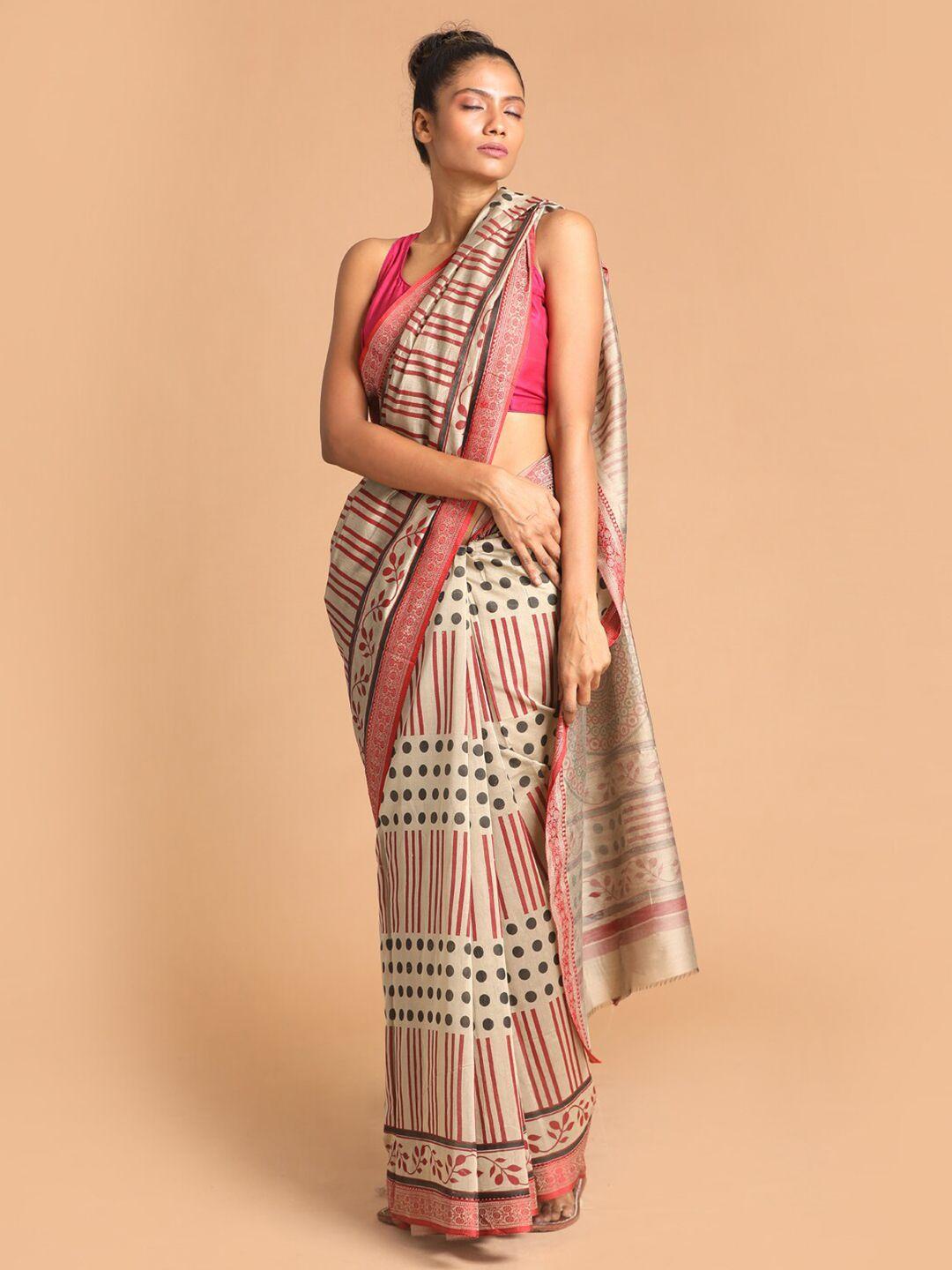 indethnic maroon & tan printed saree