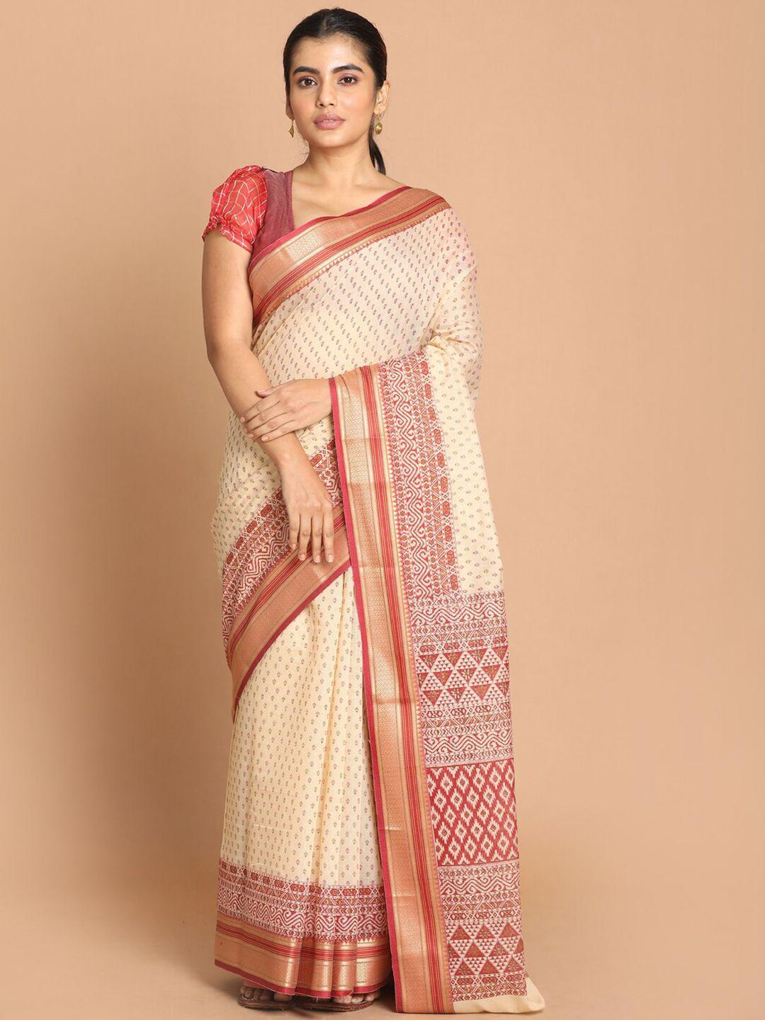 indethnic maroon & white floral saree