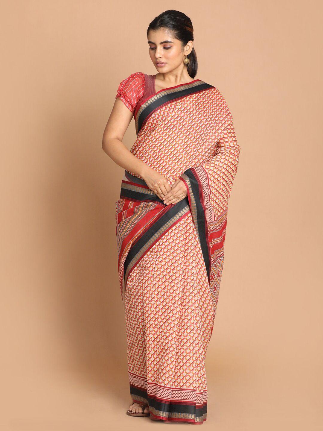 indethnic maroon & white printed saree