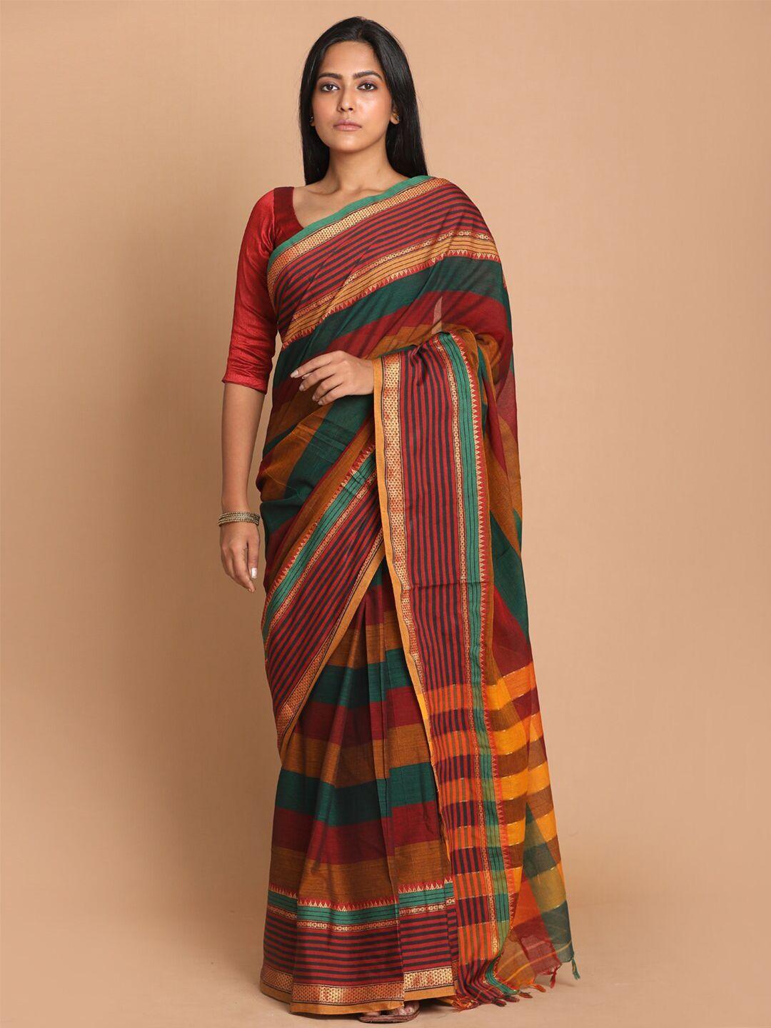 indethnic maroon & yellow striped zari pure cotton saree