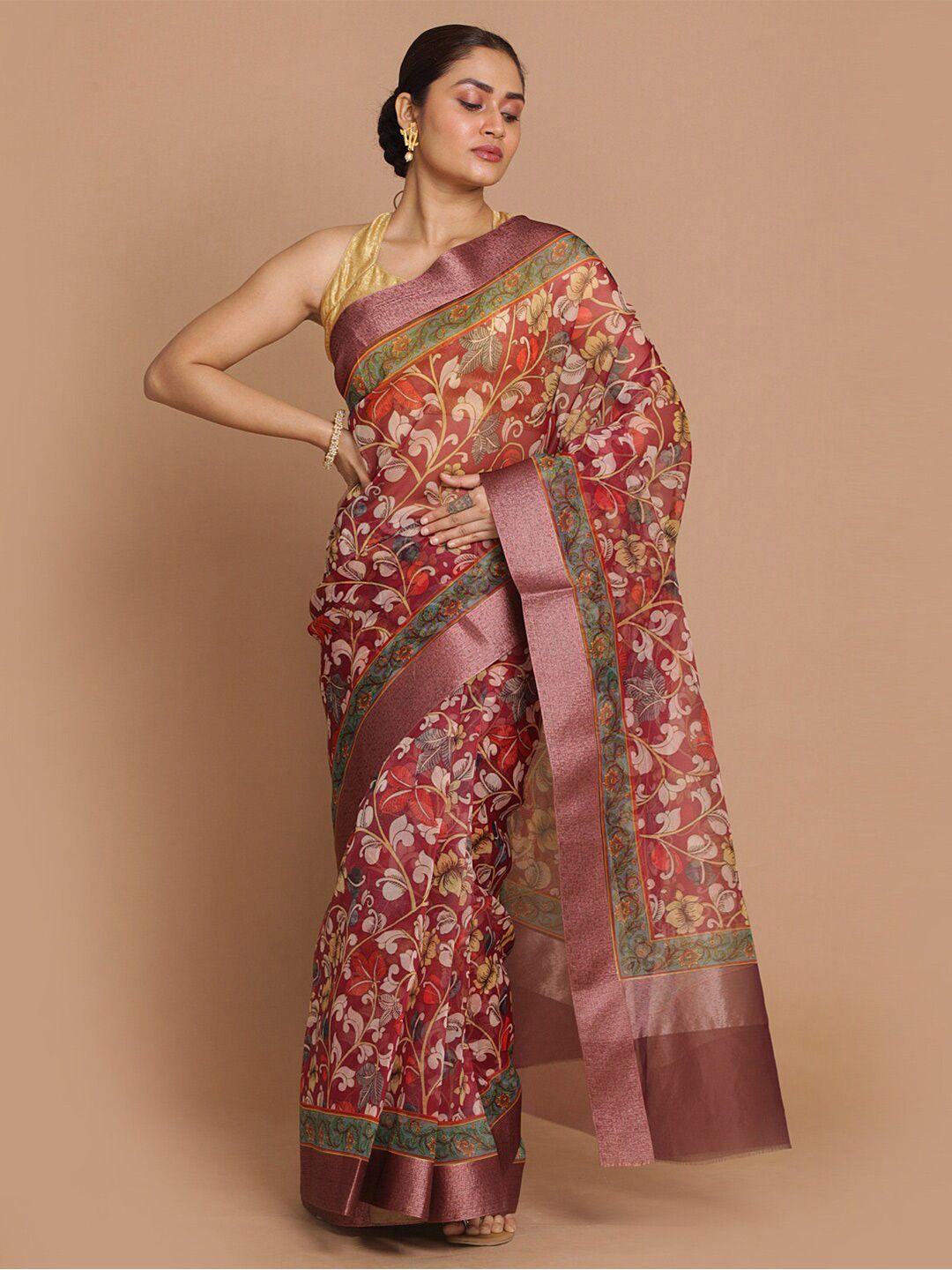 indethnic maroon floral zari organza banarasi saree