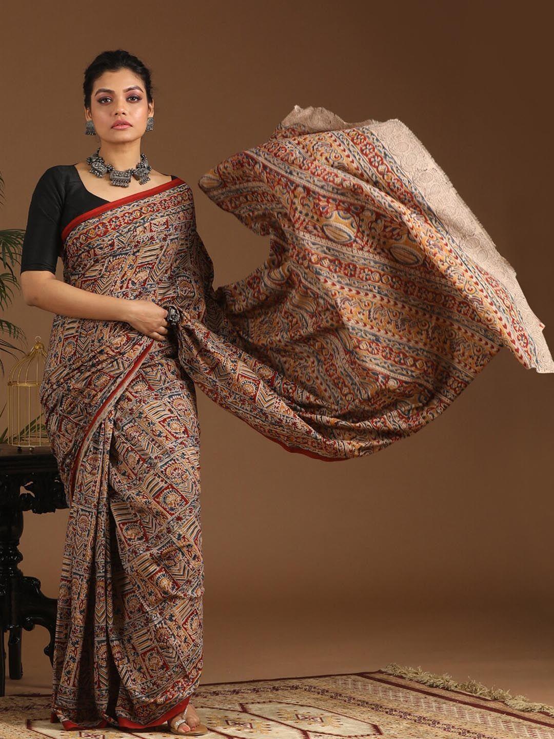 indethnic multicoloured & beige kalamkari pure cotton block print saree