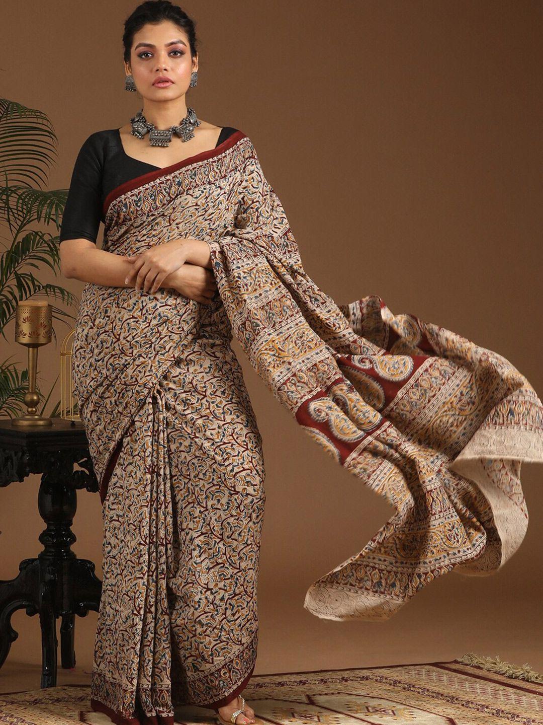 indethnic multicoloured & beige kalamkari pure cotton block print saree