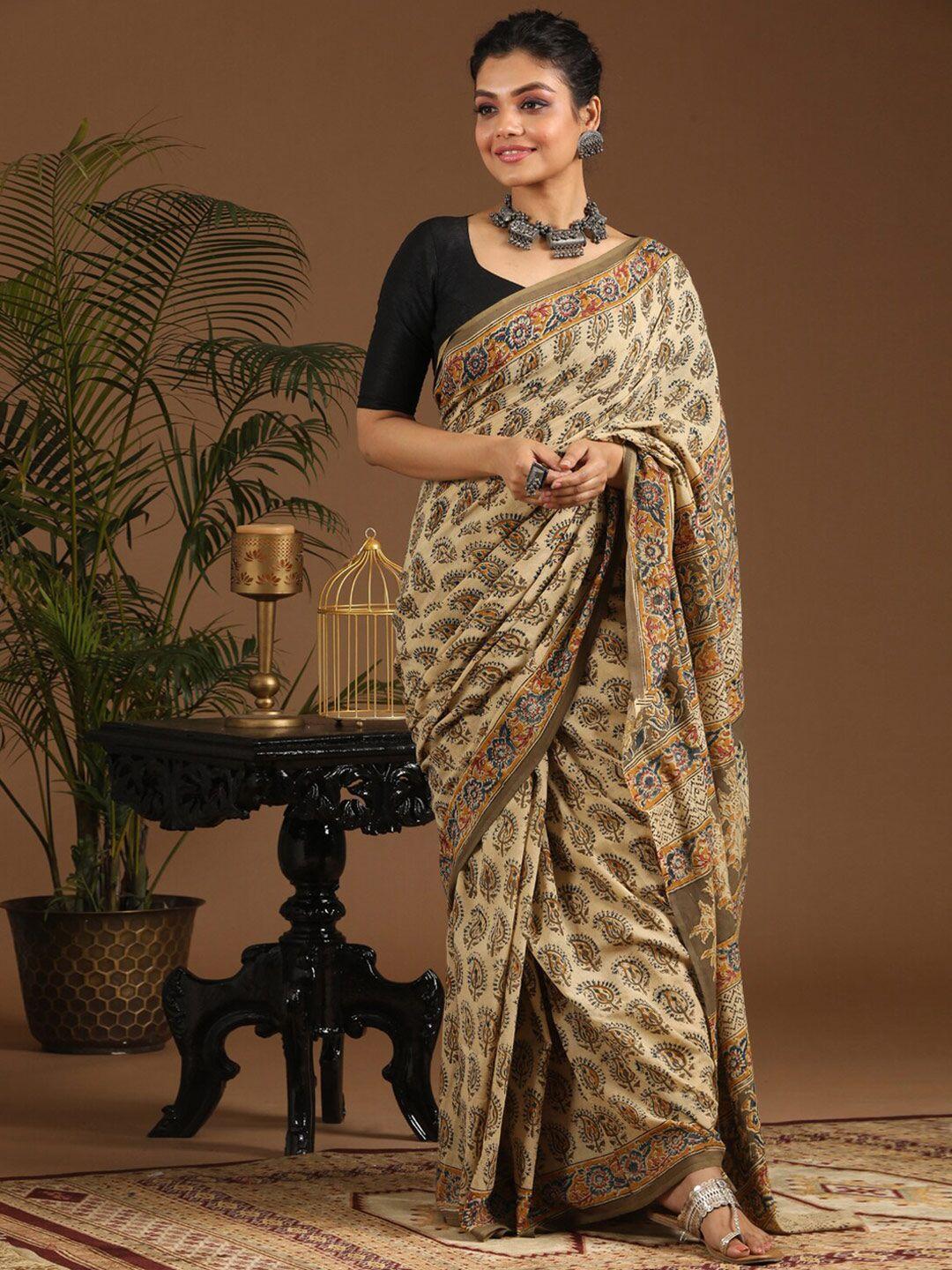 indethnic multicoloured & beige kalamkari pure cotton block print saree