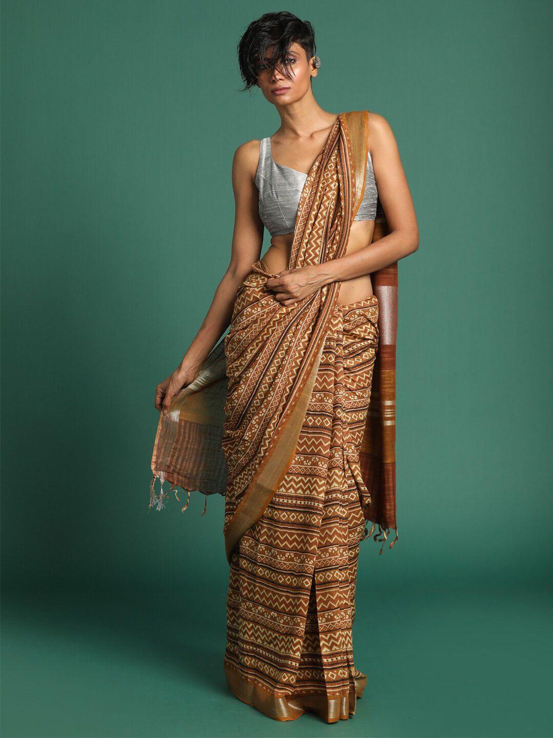 indethnic mustard & beige zari bhagalpuri saree