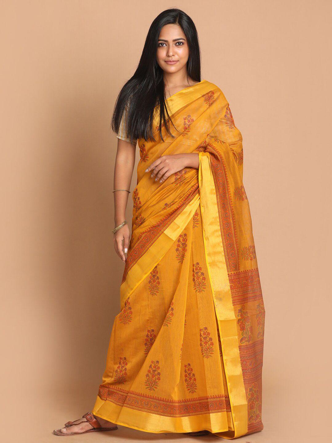 indethnic mustard & brown floral printed saree