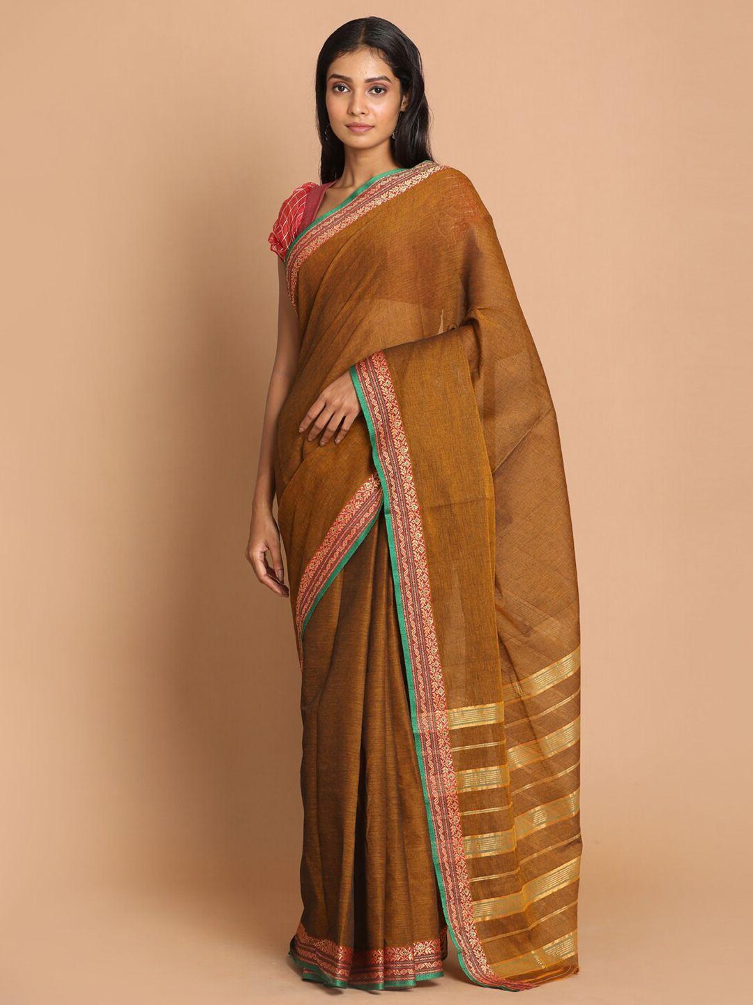 indethnic mustard & green pure cotton saree