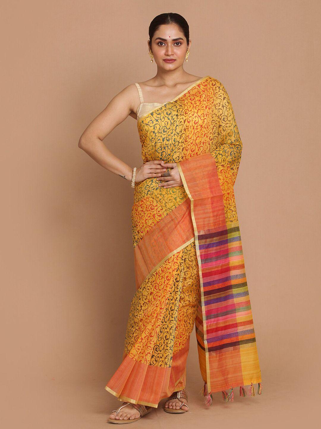 indethnic mustard & orange ethnic motifs banarasi saree