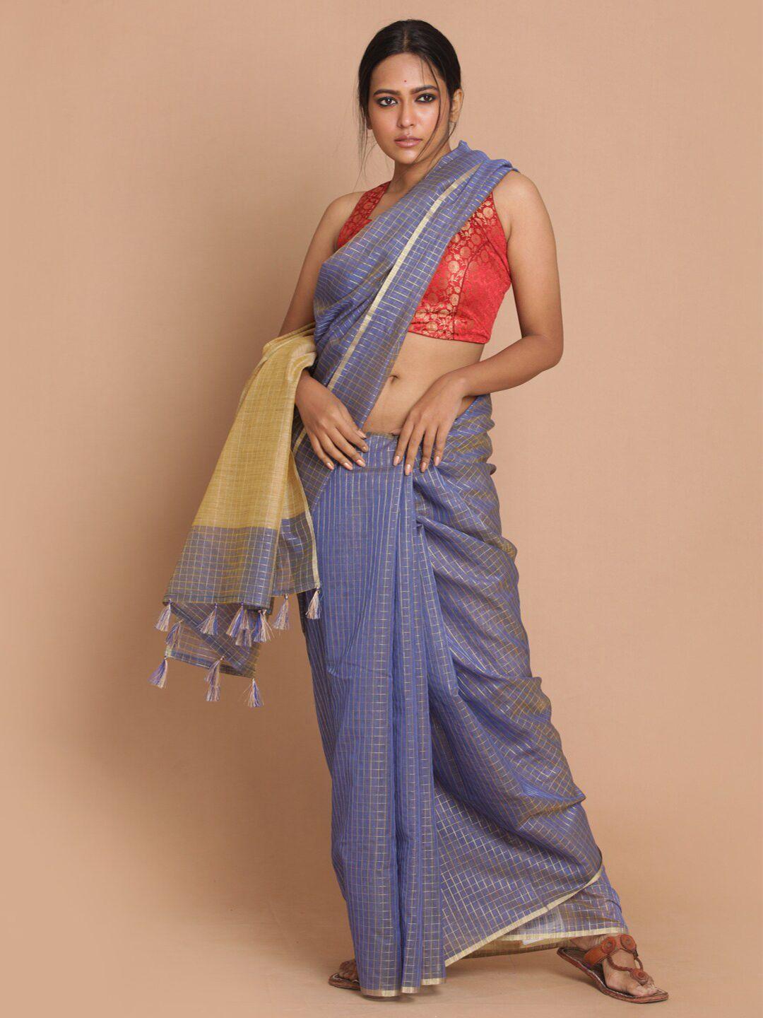 indethnic navy blue & beige checked zari banarasi saree