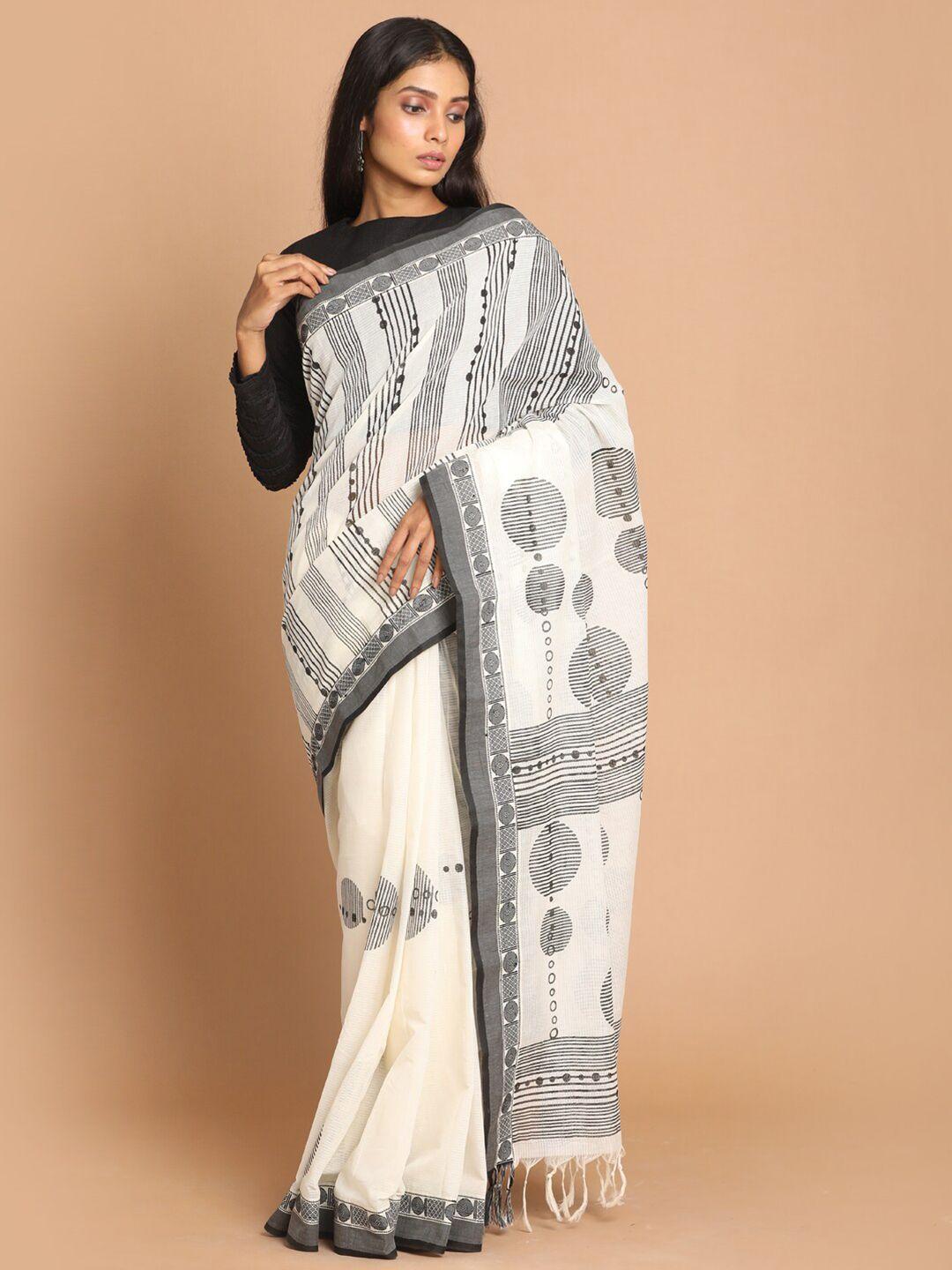 indethnic off white & black printed pure cotton saree