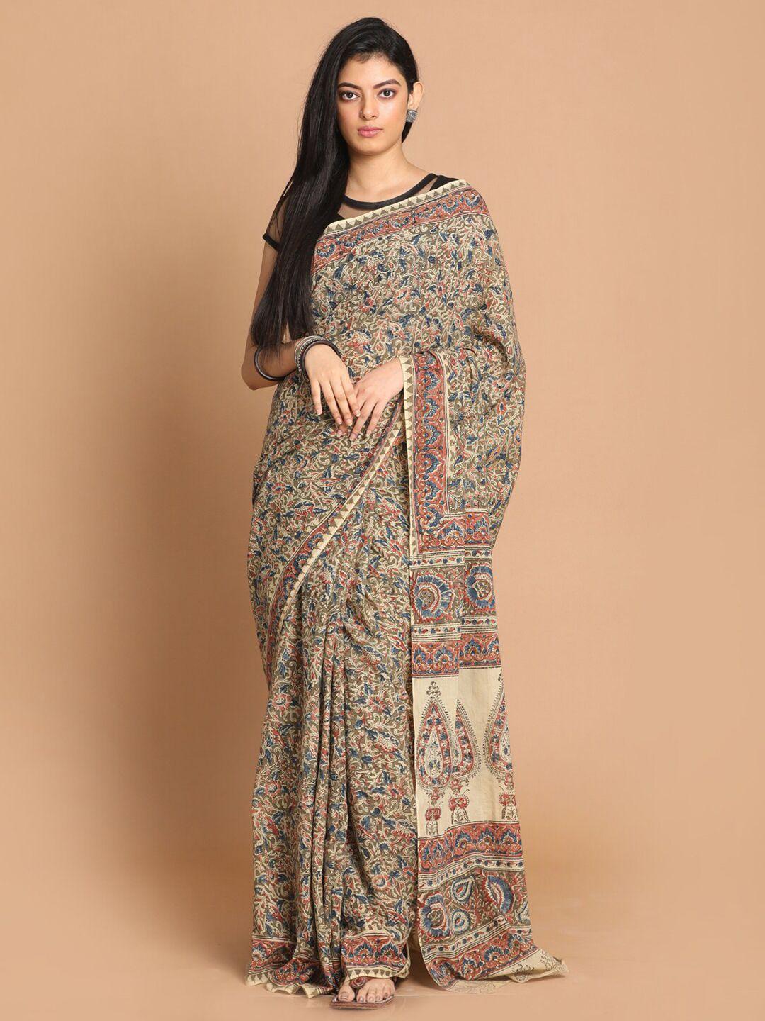 indethnic olive green & blue kalamkari pure cotton block print saree