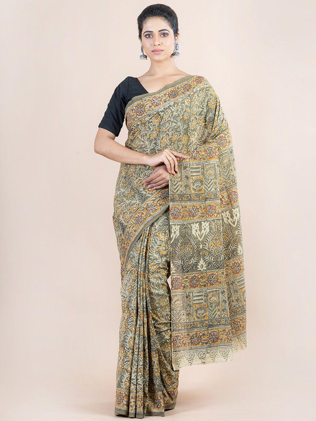 indethnic olive green & brown kalamkari pure cotton block print saree