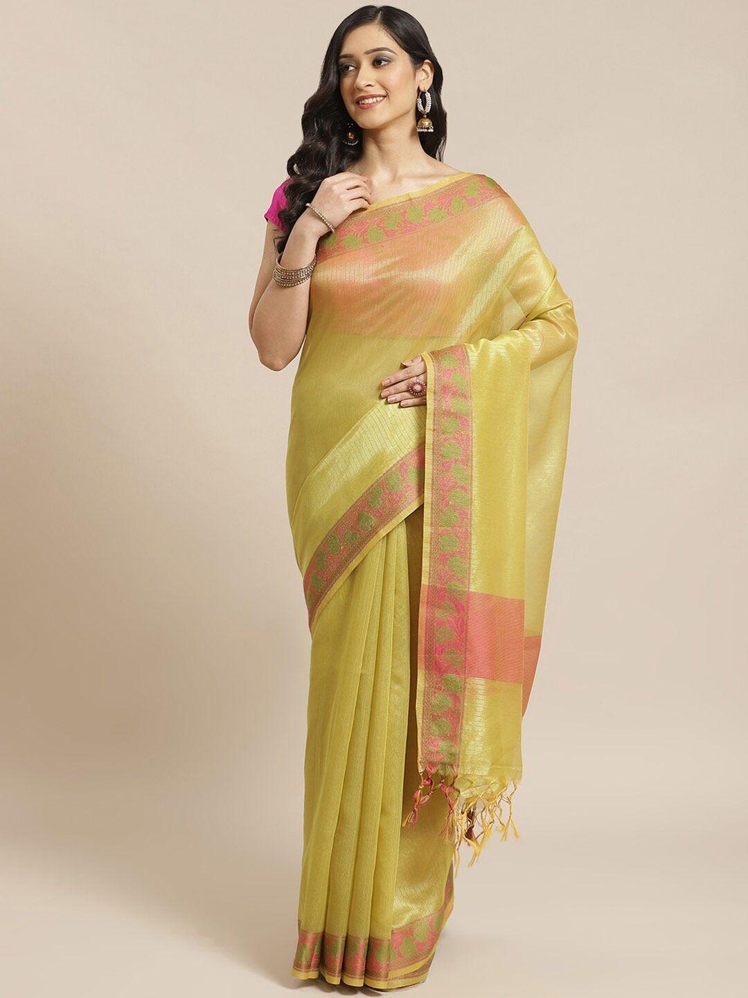 indethnic olive green & red striped zari banarasi saree