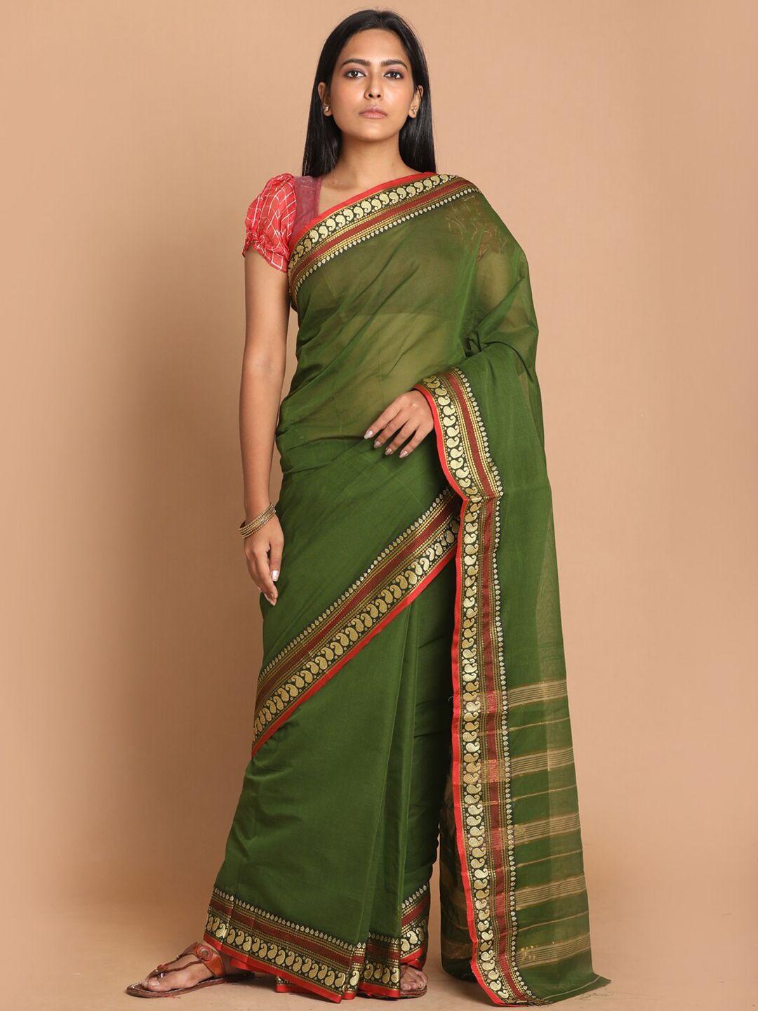 indethnic olive green & red zari pure cotton saree