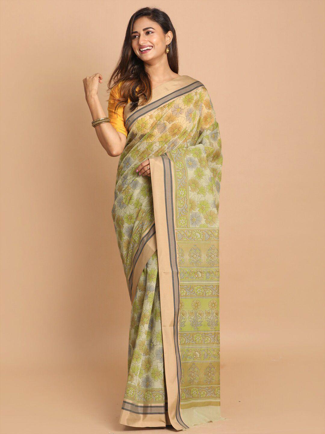 indethnic olive green & yellow floral saree