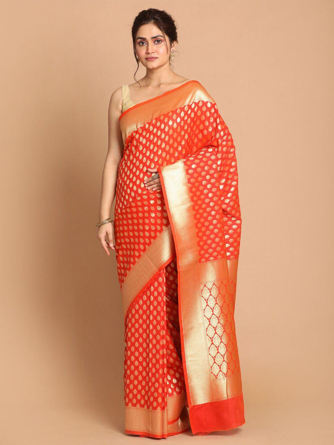 indethnic orange & gold-toned ethnic motifs zari banarasi saree