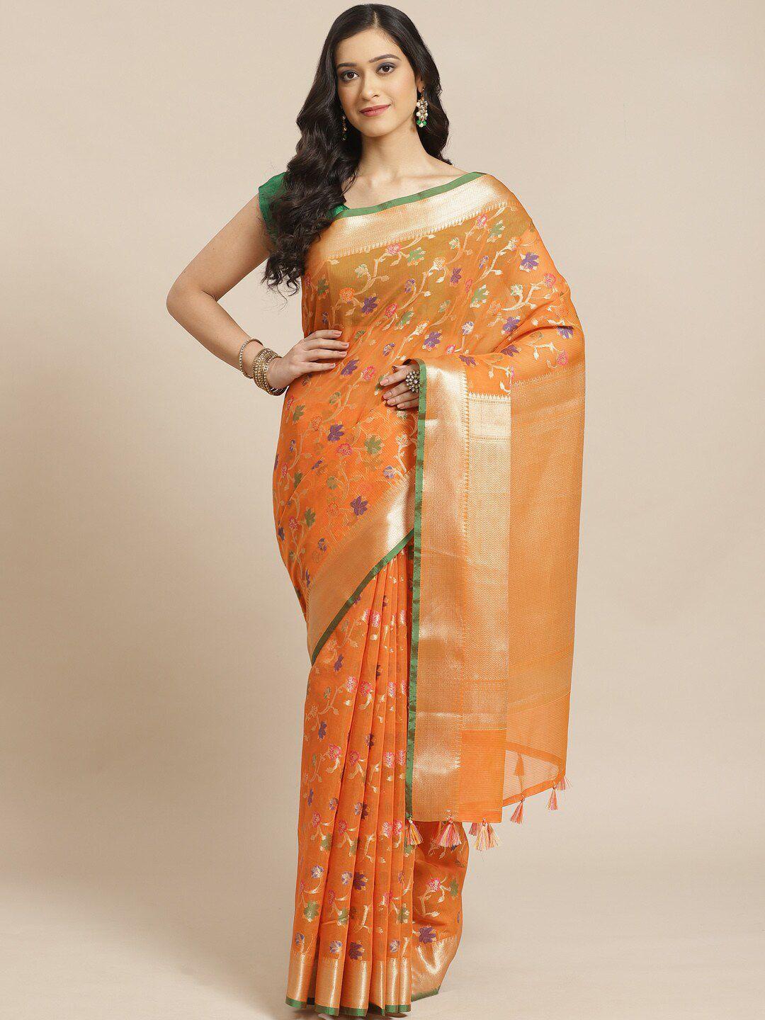 indethnic orange & green floral zari banarasi saree